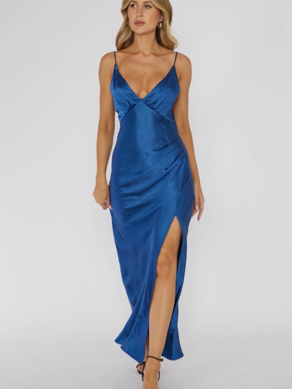 Selfie Leslie Royal Blue Satin Maxi Slip Dress with Side Slit